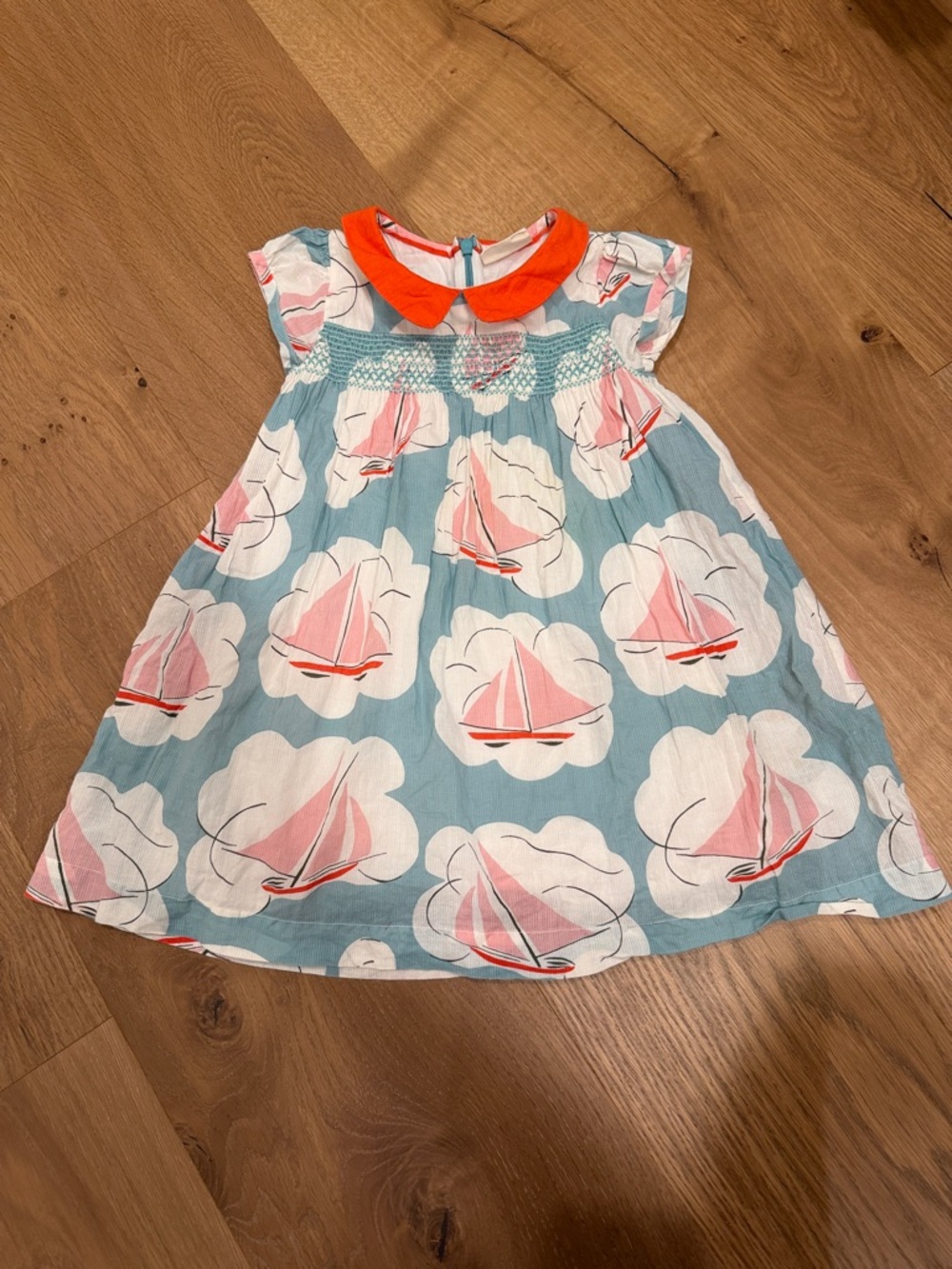 Mini Boden Blue Dress with Pink Sailboat Print and Orange Collar